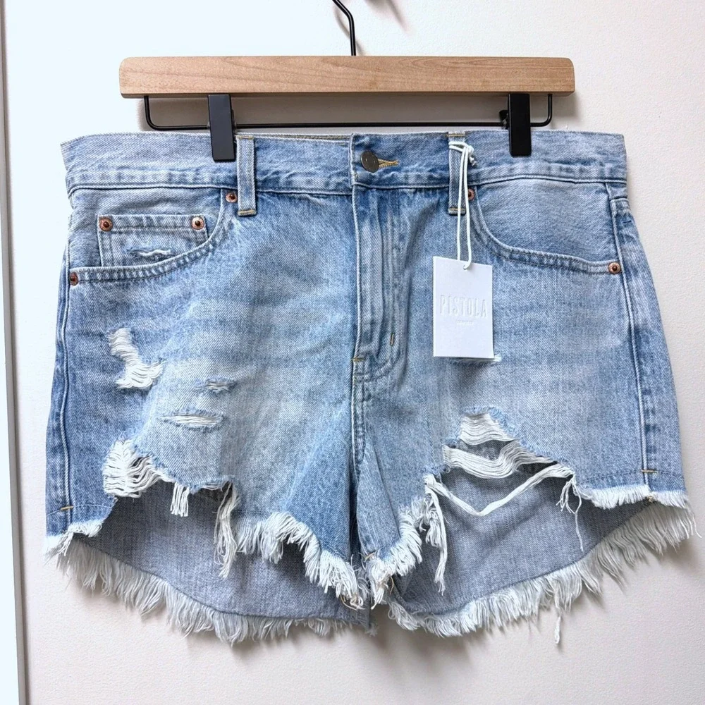 NWT Pistola‎ Distressed Denim Shorts Light Wash Frayed RW Hem 30 Festival Beachy